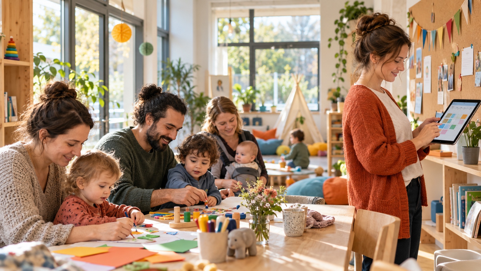 Familien und Kinder bei einem kreativen Angebot im modern organisierten Familienzentrum