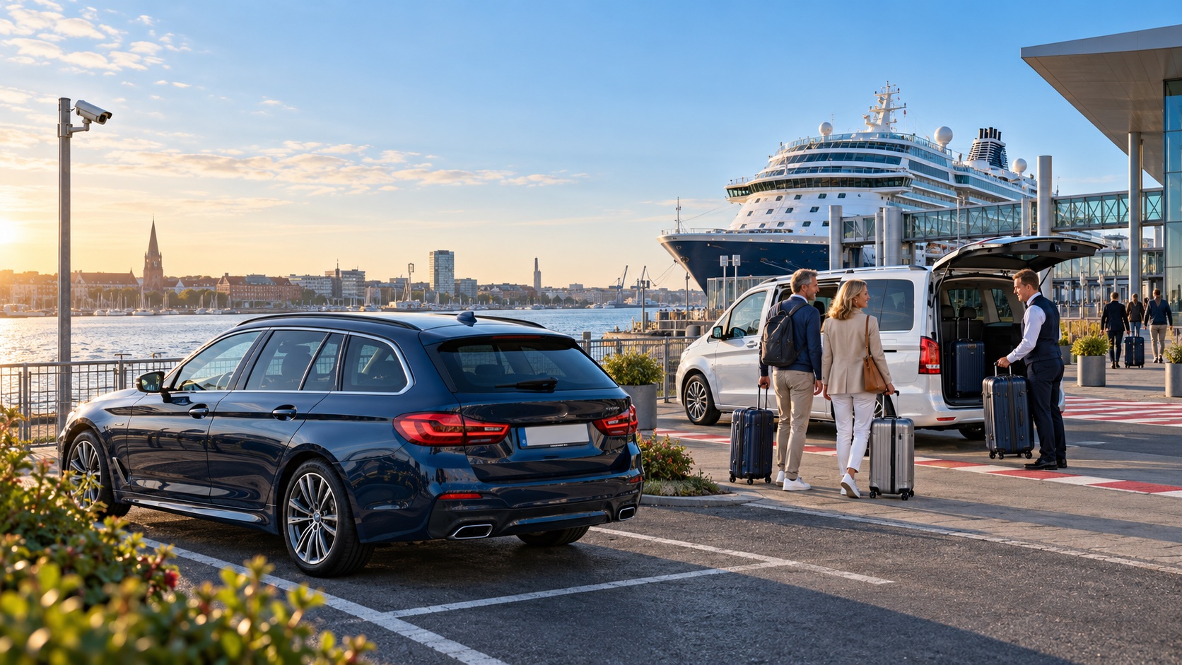 Parkplatz, Express-Shuttle und Kreuzfahrtschiff am Kieler Hafen