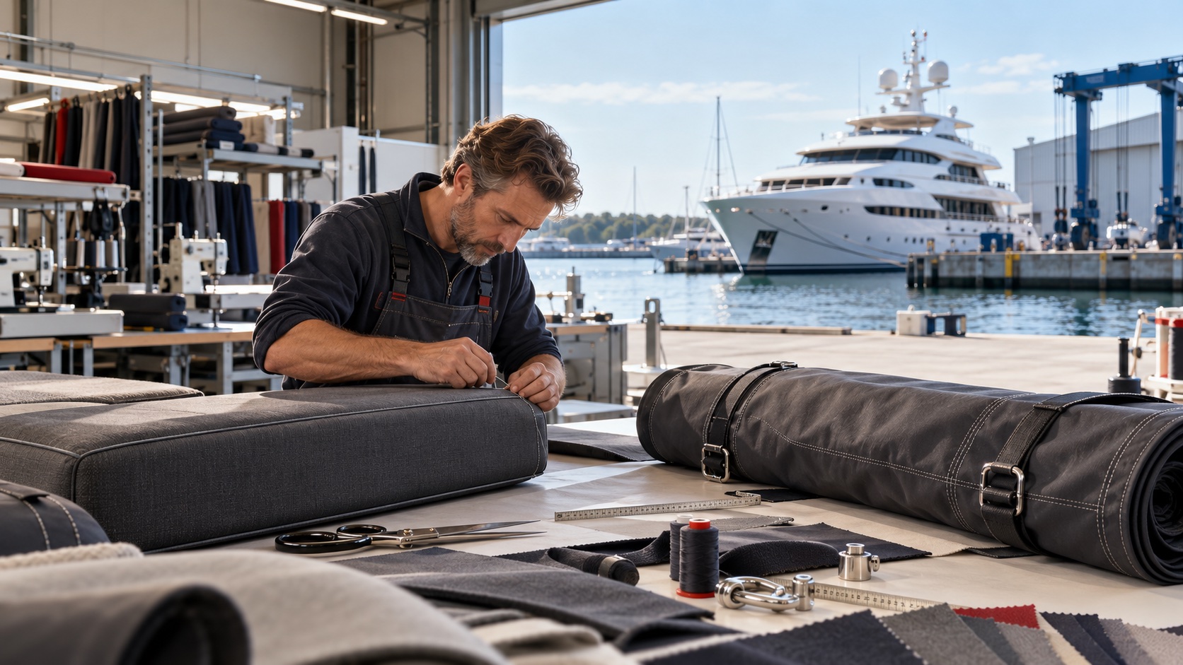 Handwerker fertigt hochwertige Yachtpolster in einer maritimen Werkstatt mit Superyacht im Hintergrund