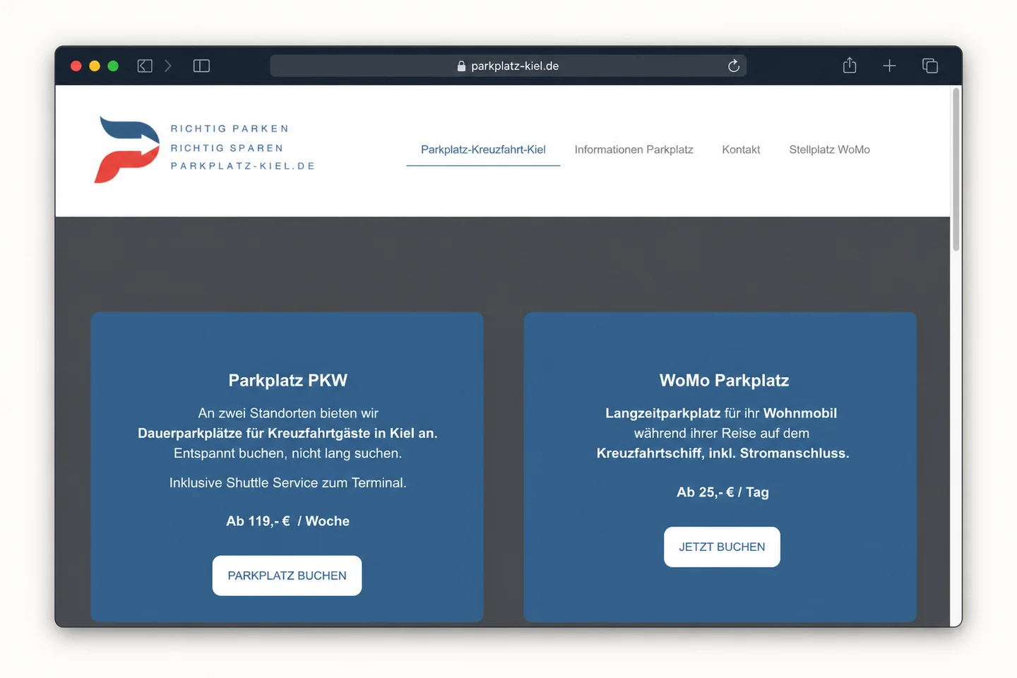 Website-Vorschau des Kreuzfahrtparkplatzes Parkplatz Kiel